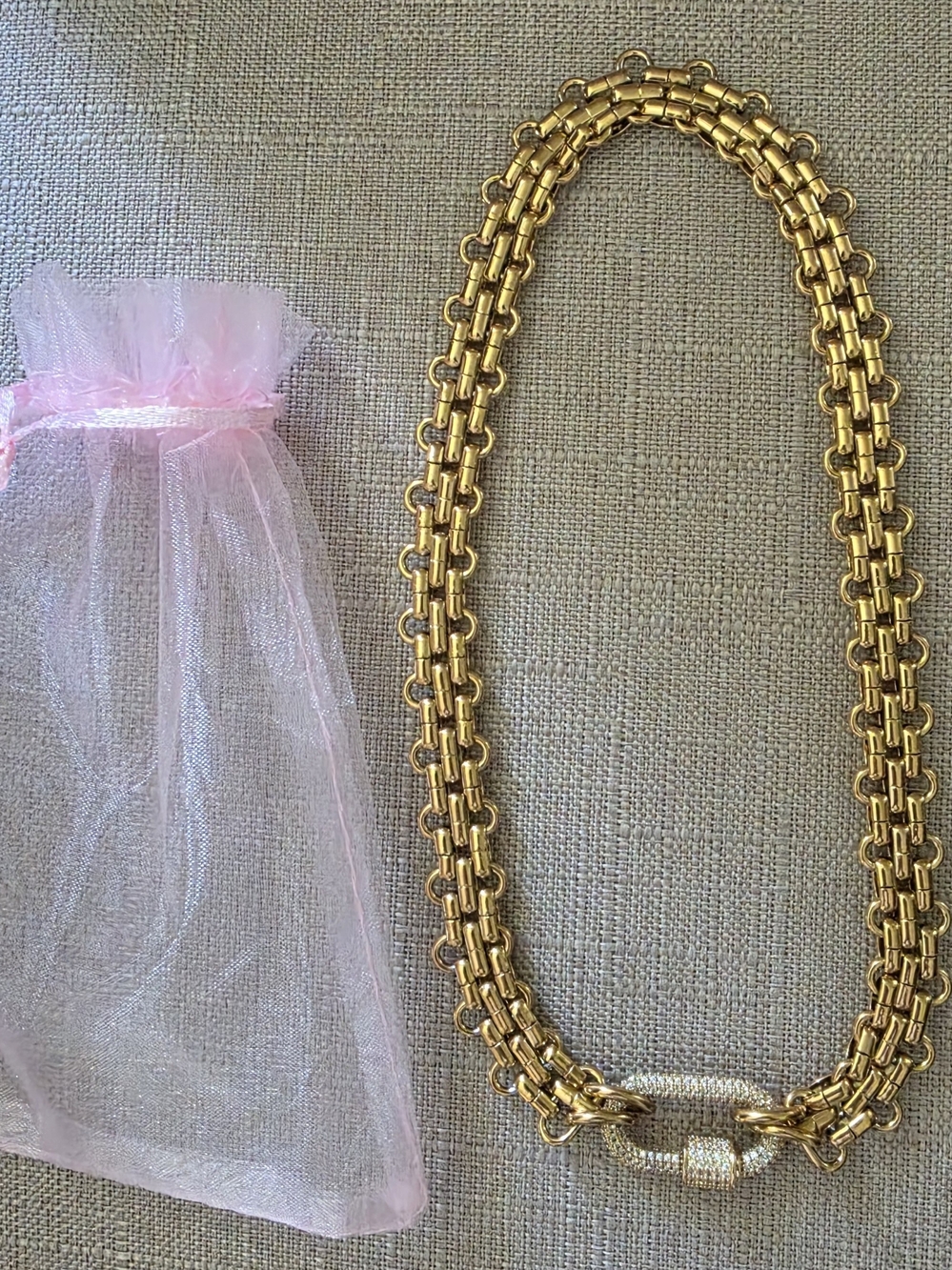 Gold-Tone Double Strand Chain Necklace with Pave Clasp